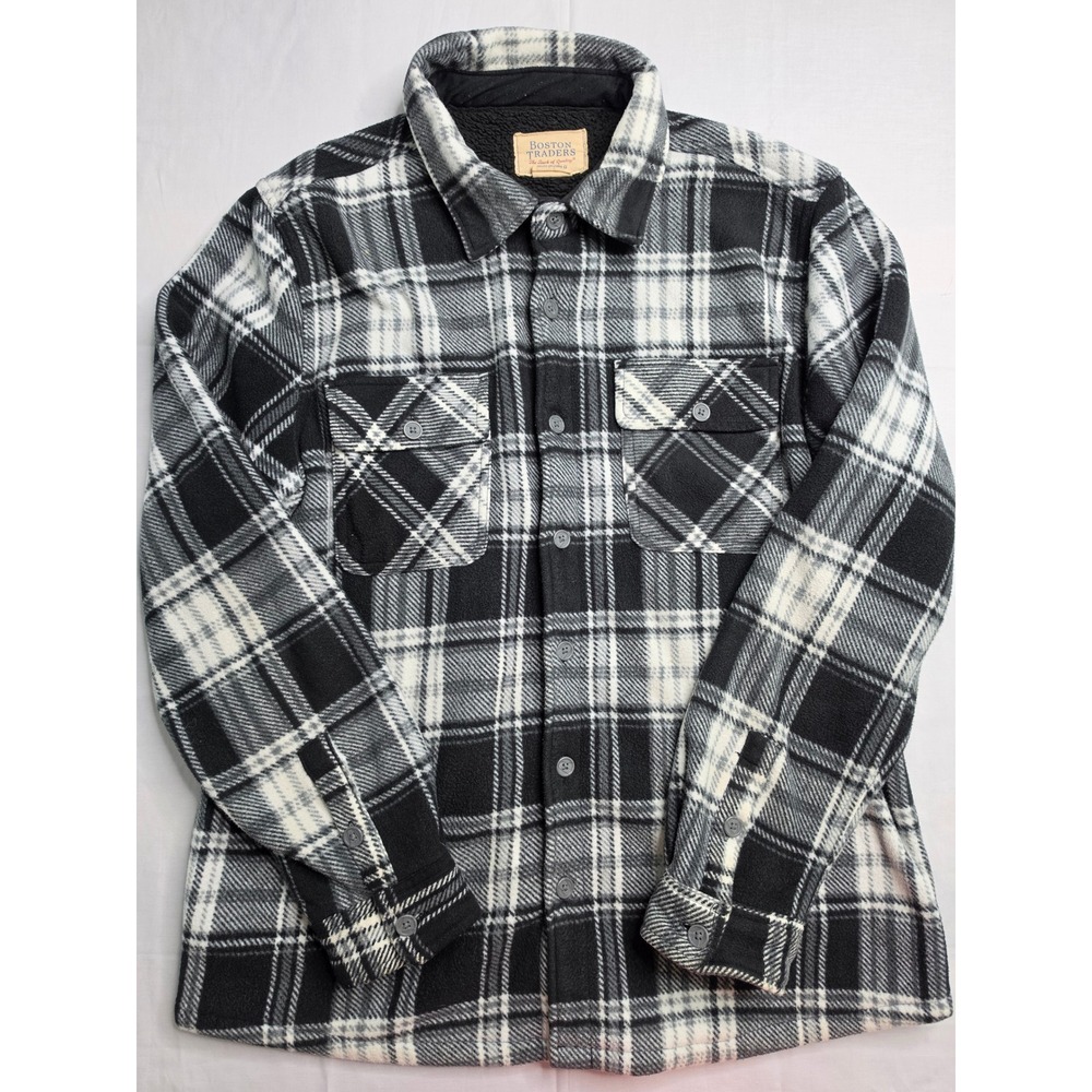 Boston Traders Flannel Shacket Large White Black Plaid Sherpa Lined Button Front